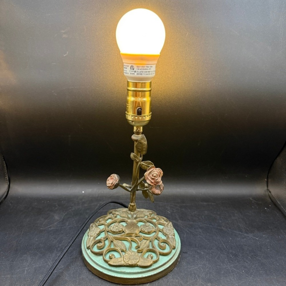 Vintage Art Deco Brass Green Rose Table Lamp Home Fairy Floral Verdigris Cottage - Picture 2 of 12